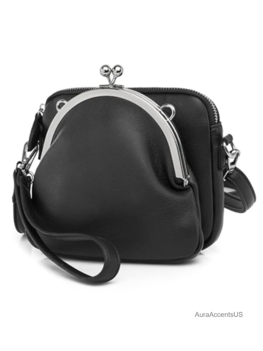 Faux Leather Kiss Lock Crossbody Bag Hobo Purse Shoulder Tote